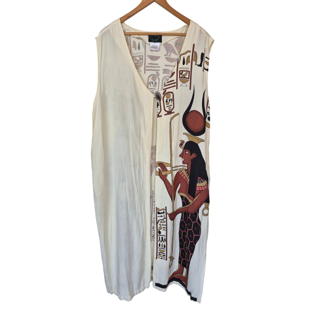 Ashro Egyptian Hieroglyphic Print Sleeveless Maxi Duster Cardigan One Size